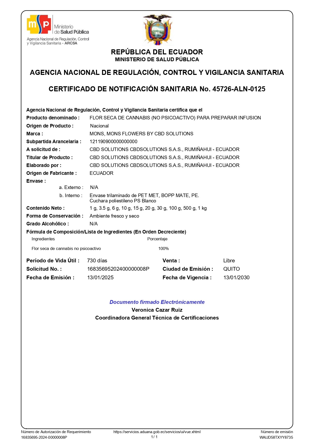 CBD SHOP 7 Registro Sanitario aprobado por el arcsa en Ecuador para la flor de cannabis CBD.