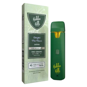 Hidden Hills Grape Pie Face Vape THC sativa 2g. Energía y creatividad con 2000 puffs y sabor intenso a uva y caramelo. Envío en Ecuador.