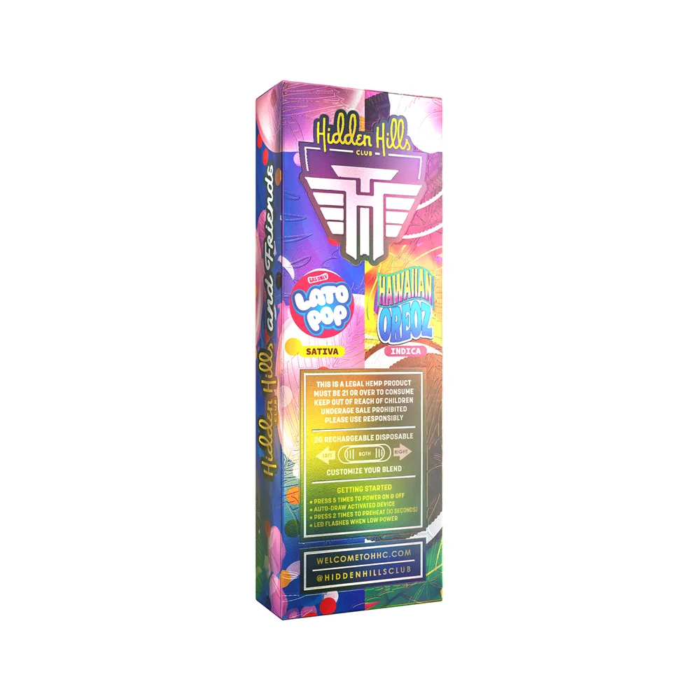 Hidden Hills Hawaiian Oreoz x Lato Pop Doble Sabor Vape THC | Híbrido (Sativa + Índica) 3 Caja reverso Vape de THC marca hidden Hills doble sabor Hawaiian Oreoz x Lato Pop