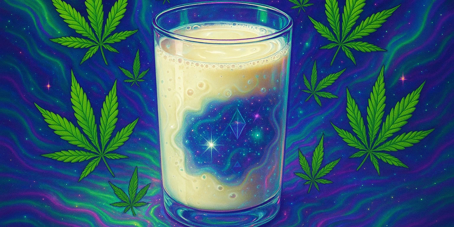 leche-cannabica-psicodelica-cbd-seedsecuador Ilustración surrealista de leche cannábica de SeedsEcuador, bebida con efectos intensos y duraderos